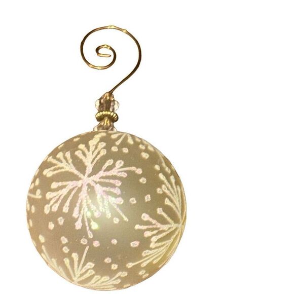 White Glitter Snowflake Frosted Hand blown Glass Christmas Ball Swirl Hook Hangi - Picture 1 of 8